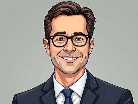 a cartoon of a man in glasses and a suit