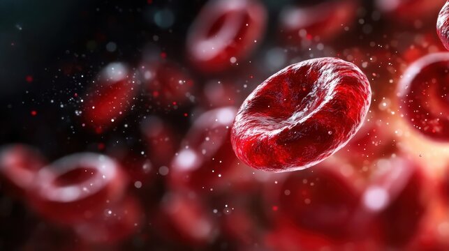 This captivating microscopic image depicts red blood cells in motion, showcasing their intricate details and vibrant color against a dark backdrop, symbolizing life and vitality.