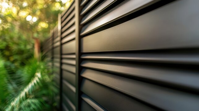 A close-up image of a textured black fence, contrasted against a richly green backdrop, evoking feelings of privacy and serenity in a peaceful outdoor environment.