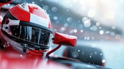 A close-up of a red racing helmet, droplets of water cascading down while capturing the intense atmosphere of a race day, showcasing excitement and determination.