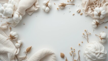 Delicate Flat Lay of Cotton Blooms and Natural Textiles on a Soft Neutral Background