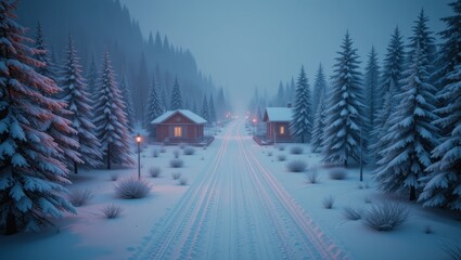 Snowy Winter Scene with Cozy Cabins and Pine Trees on a Foggy Evening Road in the Forest