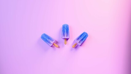 Three blue popsicles on purple background
