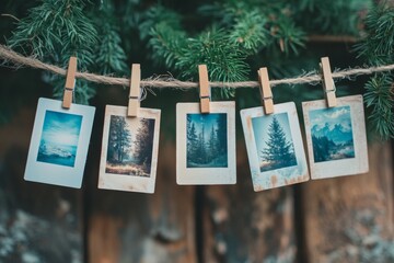 Five instant photos showing nature scenes hanging from a rope with wooden clothespins