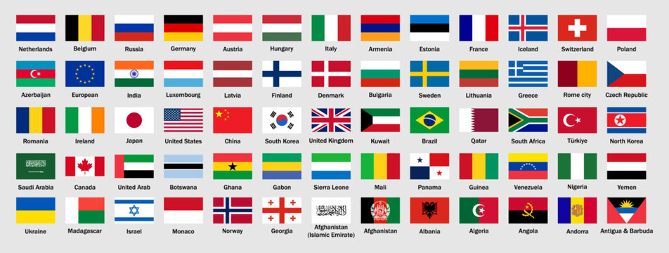 Collection of world national flags with country names. World country flags set. Rectangular national flags of different countries including USA, India, Japan, UK, China, and more. Vector illustration.