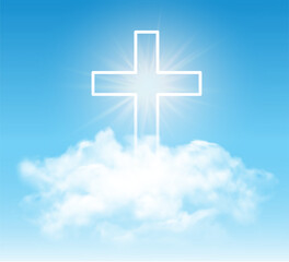 A radiant cross shines through clouds.Christian cross in sky. He is risen banner. Easter celebration. Vector stock