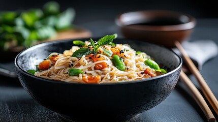 A delicious bowl of Asian-inspired noodles garnished with fresh ingredients showcases culinary artistry, inviting viewers to explore a fusion of flavors and textures.
