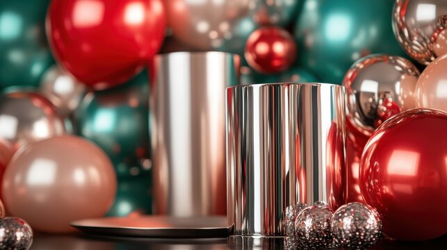 A vibrant and colorful display of shiny balls amidst bright festive decorations, evoking the spirit of celebration and the joy of holiday gatherings and events.