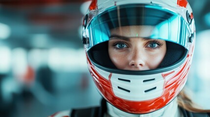 A close-up of a woman wearing a racing helmet, exuding determination and focus as she prepares for the fast-paced world of motorsports, showcasing strength and passion for speed.