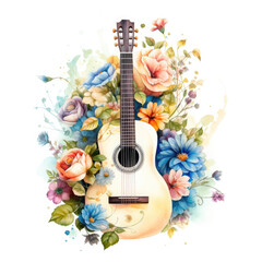 Watercolor Guitar Among The Love Of Flowers, clipart Illustration, Generative Ai