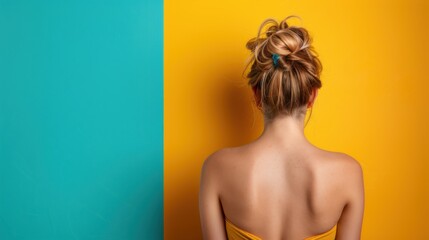 A creative image of a woman with her back to the camera, capturing a stylish perspective against a split color background, symbolizing individuality and modern artistic expression.