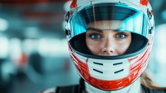A close-up of a woman wearing a racing helmet, exuding determination and focus as she prepares for the fast-paced world of motorsports, showcasing strength and passion for speed.
