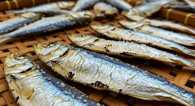 Philippines &ndash; Dried Fish (Tuyo). dried salted sardines on bamboo mat, cracked skin and salt crystals 