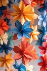 Fototapeta premium Colorful origami flowers hanging, creating a festive and vibrant atmosphere