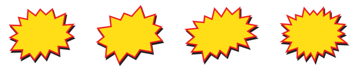 Blank sale tags, sale banners. Red and yellow starburst stickers. Pop art funny bang bubble.