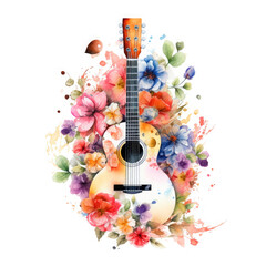 Watercolor Guitar Among The Love Of Flowers, clipart Illustration, Generative Ai