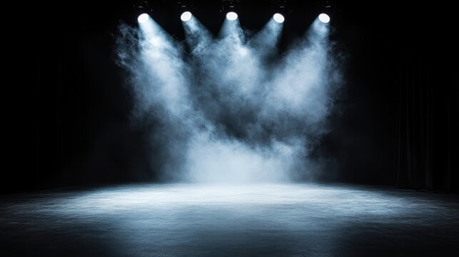 An empty stage illuminated by dramatic bright lights amidst a smoky atmosphere, evocative of anticipation for performance art, capturing the magic of theater and entertainment.