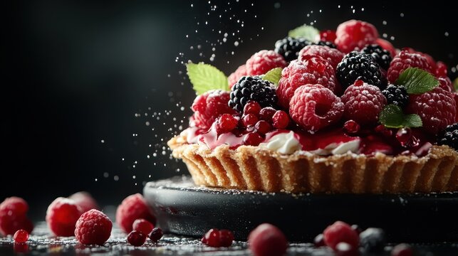 A visually appealing berry tart topped with fresh raspberries and blackberries, presenting a delectable dessert that exudes freshness and culinary artistry against a dark backdrop.