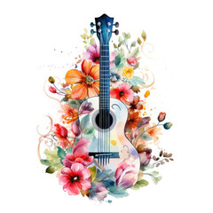 Watercolor Guitar Among The Love Of Flowers, clipart Illustration, Generative Ai