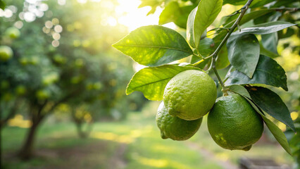 Green Lemon on tree in garden, Lemon hanging tree in natural warm sunlight background
