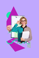 3d pop image zine art collage of happy businesswoman businessman hold clipboard arrow progress work...