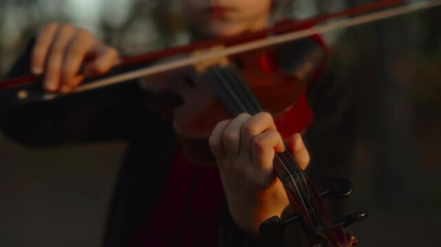 Close-up, little girl playing violin in autumn park at sunset