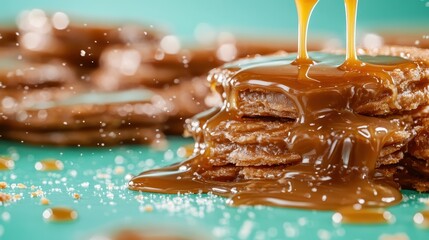 Indulgent layers of crispy chocolate coins topped with rich caramel dripping down, creating an enticing dessert scene that invites viewers to experience sheer delight.