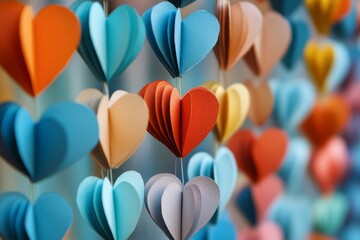 Colorful folded paper hearts hanging on strings, creating a festive and romantic atmosphere