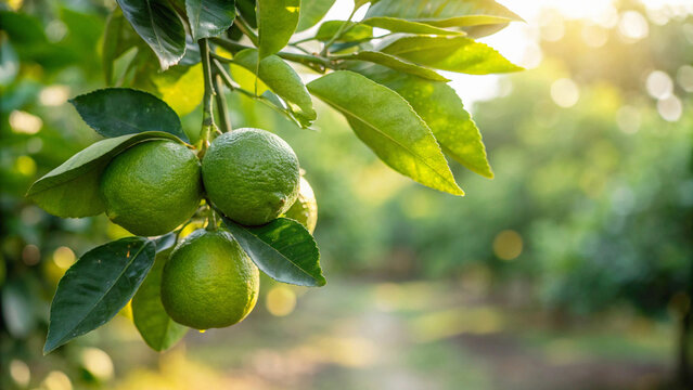 Green Lemon tree in garden, Green lemon hanging from a tree branch in natural warm sunlight background