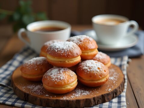 Beignets with coffee on a wooden board. Sweet sugary breakfast and drink. Food photography