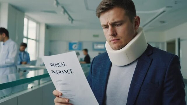 Person with a neck brace with medical insurance.