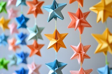 Obraz premium Colorful origami stars hanging on a string, creating a festive and decorative atmosphere