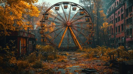 Abandoned Ferris wheel in a deserted, autumnal city
