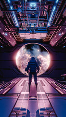 Astronaut observing pink nebula from spaceship window: futuristic space exploration. 3d render © DMegias