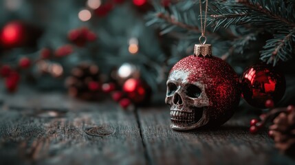 A striking skull ornament glistening with red glitter hangs among festive decorations, presenting a unique blend of Halloween and Christmas aesthetics in a decorative setting.