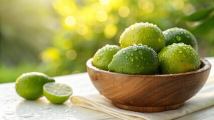 Green Lemon in bowl with water drop on table, Green Lemons in bowl in natural warm sunlight background