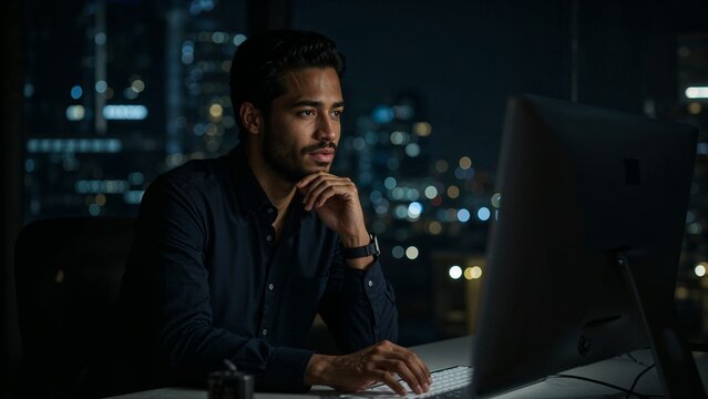 Man working late at night in office