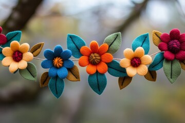 Vibrant handmade felt flower garland adds a touch of nature-inspired charm to an outdoor setting