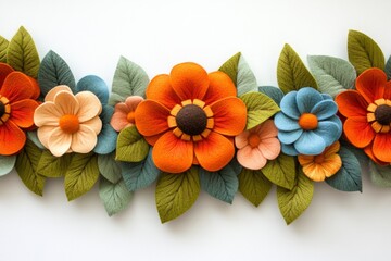 Obraz premium Handmade felt flowers and leaves arranged in a vibrant horizontal border on a clean white background, perfect for spring or summer themes