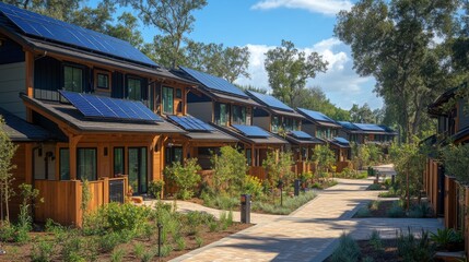 Sustainable homes equipped with solar panels line a pathway in a modern residential area, showcasing ecofriendly architecture amid lush greenery and blue skies.