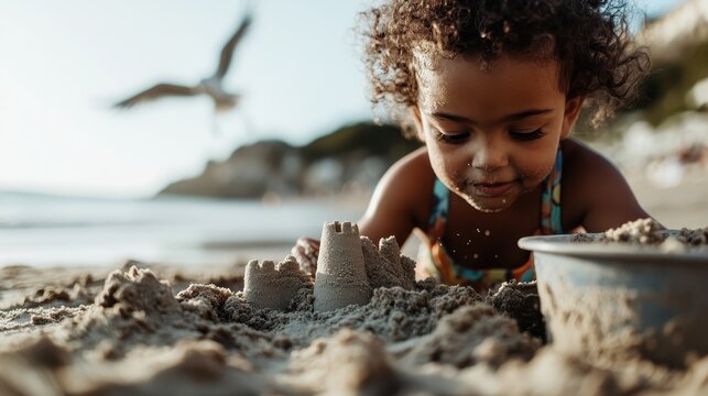 A young child plays intently on the beach, crafting a sandcastle while sea gulls fly overhead, capturing the innocence and joy of childhood in a coastal setting. - Powered by Adobe
