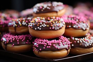 A vibrant display of chocolate-covered donuts adorned with colorful sprinkles, perfect for celebrations, parties, and sweet tooth cravings, showcasing a delightful treat.