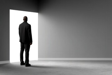 Fototapeta premium A confident individual in formal attire standing in a minimalist gray room and contemplating the bright light from an open doorway as a metaphor for opportunity and new beginnings