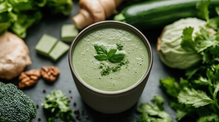 A vibrant green smoothie in a stylish cup surrounded by fresh ingredients, showcasing the beauty of healthy eating and vibrant flavors for a balanced lifestyle.