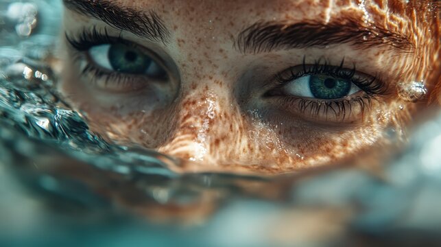 A mesmerizing close-up of eyes and skin submerged in water, revealing intricate details and textures, capturing the beauty and tranquility of aquatic life. - Powered by Adobe