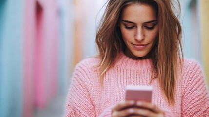 Fototapeta premium A woman in a soft pink sweater focuses intently on her smartphone while standing in a colorful alley, highlighting the connection between technology and modern life.