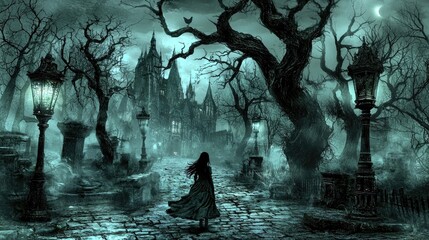 A dark, gothic scene of an ominous mansion and gloomy trees.