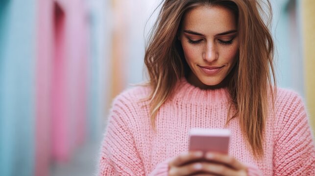 A woman in a soft pink sweater focuses intently on her smartphone while standing in a colorful alley, highlighting the connection between technology and modern life.