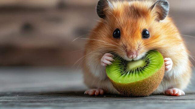 A fluffy hamster holds a vibrant slice of kiwi, showcasing its playful demeanor and love for fresh fruits in a charming close-up shot on a rustic wooden surface. - Powered by Adobe