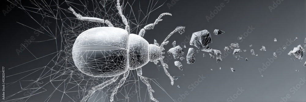 Fototapete 3d wireframe of a bug symbol disintegrating into particles against a dark background